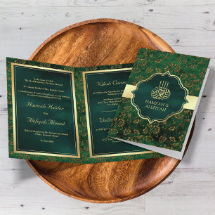 Invitación Boda Musulmana de Oro Rústico y Verde Esmeralda co