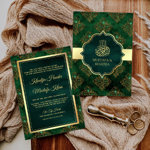 Invitación Boda Musulmana de Oro Rústico y Verde Esmeralda co