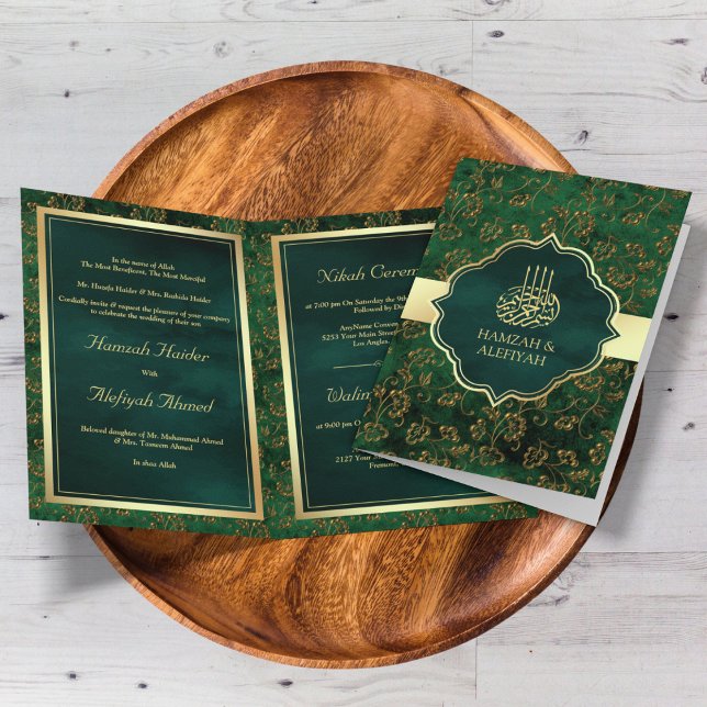 Invitación Boda Musulmana de Oro Rústico y Verde Esmeralda co (Subido por el creador)