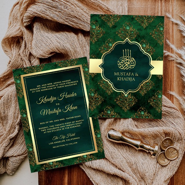 Invitación Boda Musulmana de Oro Rústico y Verde Esmeralda co (Subido por el creador)