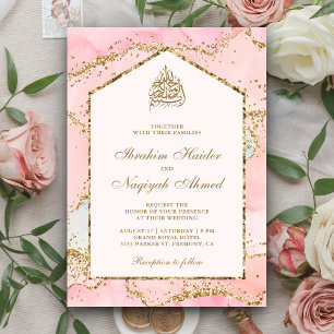 Invitación Boda musulmana de Rubor Pink Gold Agate Marble Arc