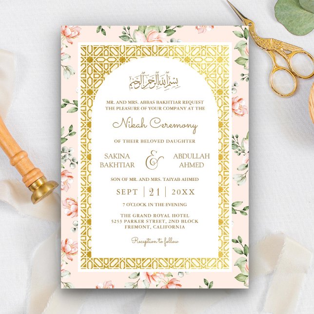 Invitación Boda Musulmana del Arco de Oro Floral Peach (Subido por el creador)