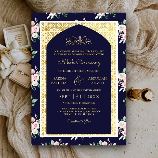 Invitación Boda Musulmana del Arco Dorado Azul Rosa Azul Medi (Subido por el creador)