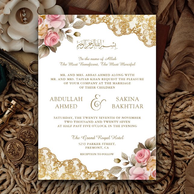 Invitación Boda musulmana del código QR de oro floral rosa (Subido por el creador)
