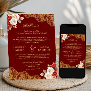 Invitación Boda Musulmana Encaje Dorado Floral Marrón Marfil 