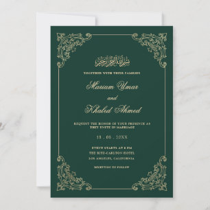 Invitación Boda musulmana esmeralda verde marco dorado barroc