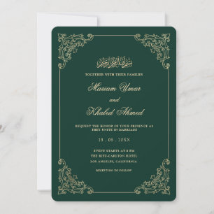 Invitación Boda musulmana esmeralda verde marco dorado barroc