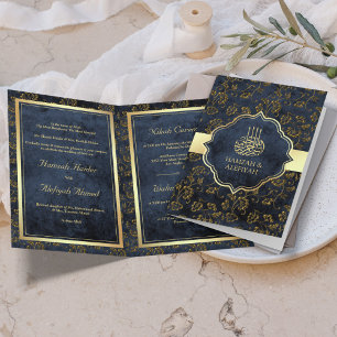 Invitación Boda Musulmana Filigrana Azul Marino Dorado Rústic