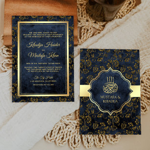 Invitación Boda Musulmana Filigrana Azul Marino Dorado Rústic