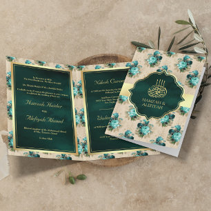 Invitación Boda Musulmana Floral Azul Acuático y Verde Esmera
