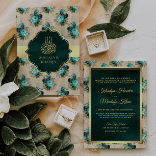 Invitación Boda Musulmana Floral Azul Acuático y Verde Esmera