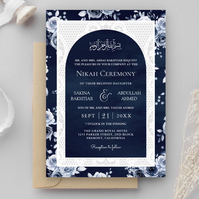 Invitación Boda musulmana floral azul marino (Subido por el creador)