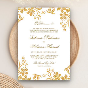 Invitación Boda musulmana floral blanca y dorada