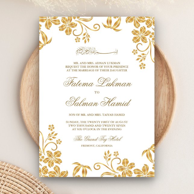 Invitación Boda musulmana floral blanca y dorada (Subido por el creador)