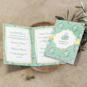 Invitación Boda Musulmana Floral Blanca y Verde Menta Rústica