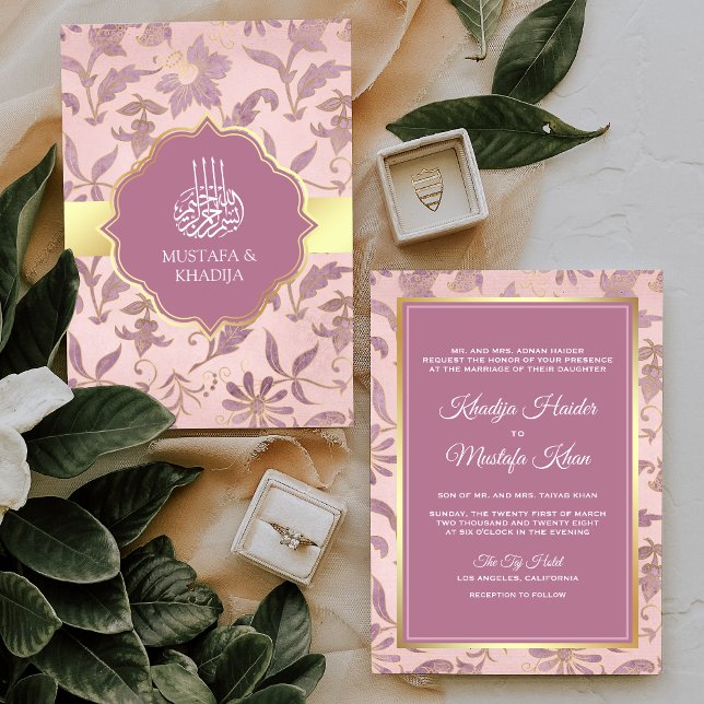 Invitación Boda musulmana floral de oro de lavanda rosa Rubor (Subido por el creador)