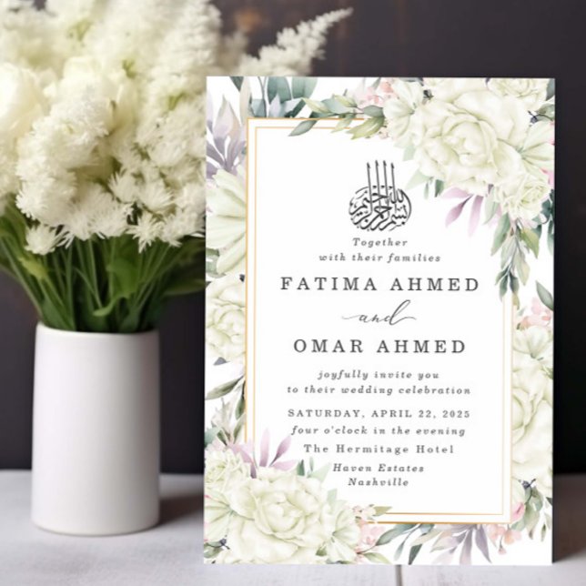 Invitación Boda musulmana floral de rosas blancas (Subido por el creador)
