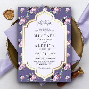 Invitación Boda Musulmana Floral Dorado Malva Púrpura