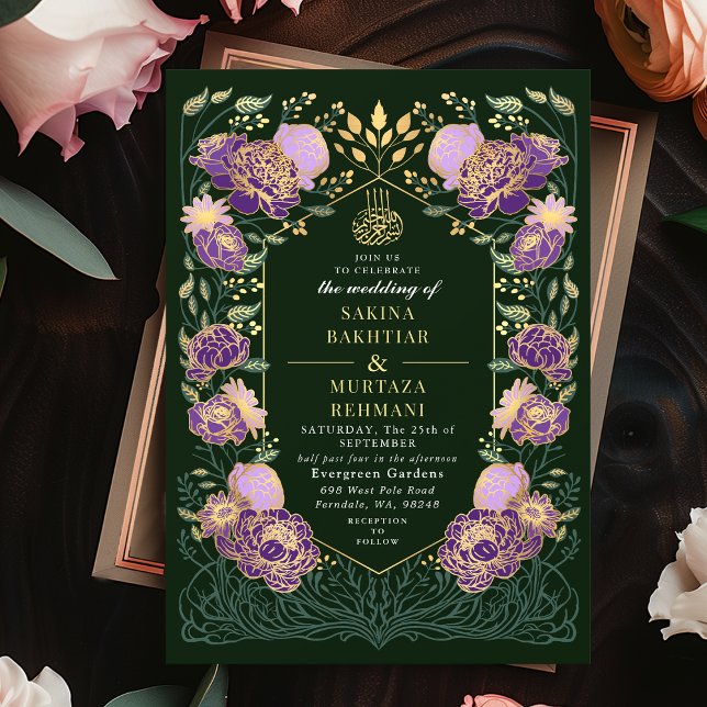 Invitación Boda musulmana floral encantada de verde y morado (Subido por el creador)