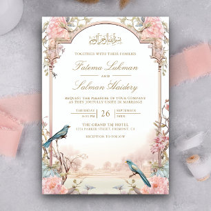 Invitación Boda Musulmana Floral Rosa Pálido Aves Románticas