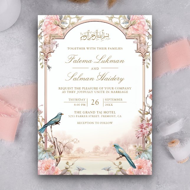 Invitación Boda Musulmana Floral Rosa Pálido Aves Románticas (Subido por el creador)