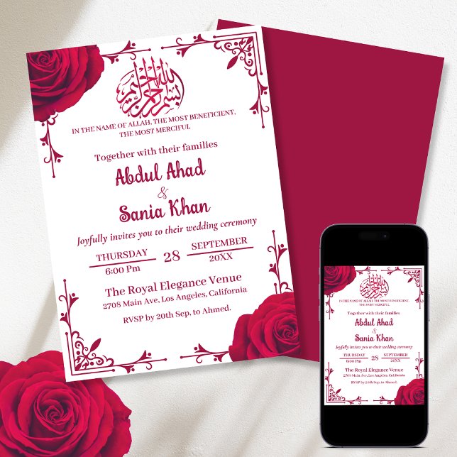 Invitación Boda musulmana floral rosa roja (Subido por el creador)