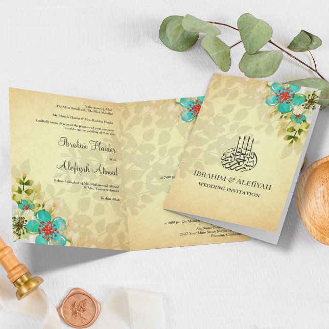 Invitación Boda musulmana floral y turquesa rusa (Subido por el creador)