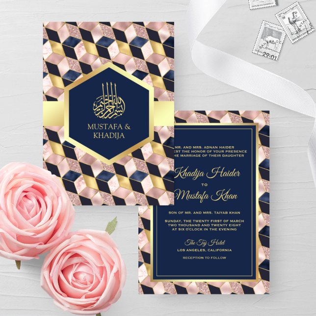 Invitación Boda musulmana geométrica azul de la marina rosa d (Subido por el creador)