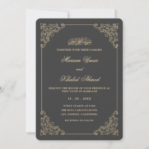 Invitación Boda Musulmana Gris Carbón Dorado de Encaje Antigu