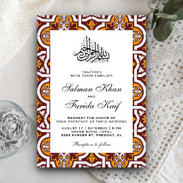 Invitación Boda Musulmana Islámica Arabesca de Color Granate 