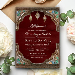 Invitación Boda Musulmana Islámica Arco Escalonado Rojo Burde