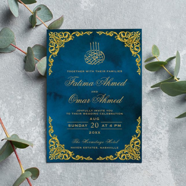 Invitación Boda musulmana islámica azul con borde dorado eleg (Subido por el creador)