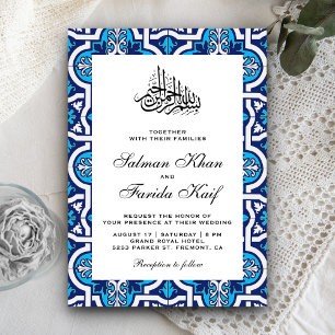 Invitación Boda musulmana islámica azul y blanca con arabesco