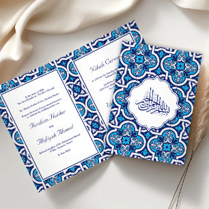 Invitación Boda musulmana islámica azul y blanca con arabesco