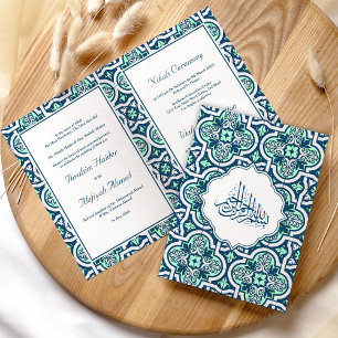 Invitación Boda musulmana islámica azul y menta con arabesco