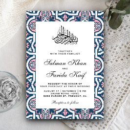 Invitación Boda musulmana islámica azul y rosa con arabescos