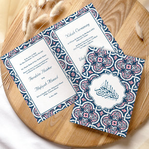 Invitación Boda musulmana islámica azul y rosa con arabescos