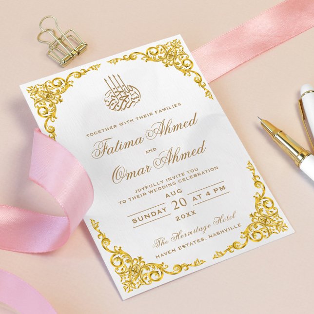 Invitación Boda musulmana islámica crema con borde dorado ele (Subido por el creador)