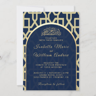 Invitación Boda musulmana islámica de azul real y dorado Mihr