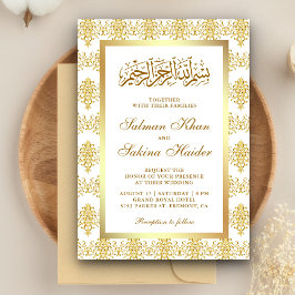 Invitación Boda musulmana islámica de Damasco blanco y dorado