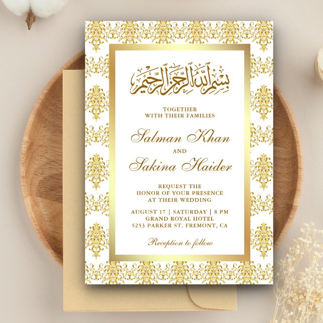 Invitación Boda musulmana islámica de Damasco blanco y dorado (Subido por el creador)