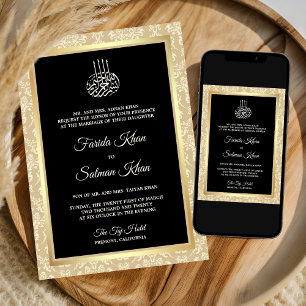 Invitación Boda Musulmana Islámica de Damasco Crema Negra
