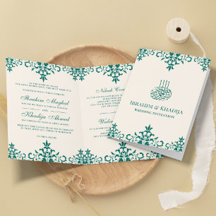 Invitación Boda musulmana islámica de Damasco crema y Verde a