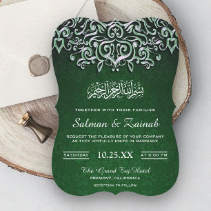 Invitación Boda musulmana islámica de Damasco verde esmeralda