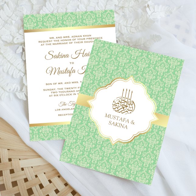 Invitación Boda musulmana islámica de Damasco verde oro y men (Subido por el creador)