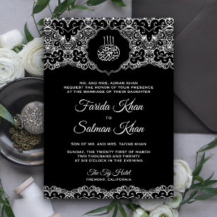Invitación Boda musulmana islámica de encaje blanco y negro