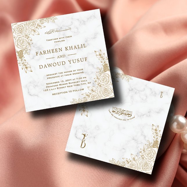 Invitación Boda musulmana islámica de encaje floral de mármol (Subido por el creador)