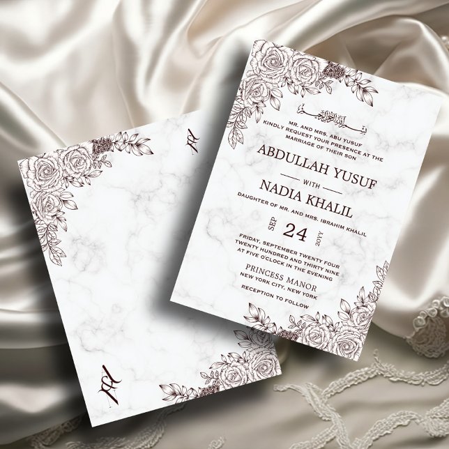 Invitación Boda musulmana islámica de encaje floral de mármol (Subido por el creador)