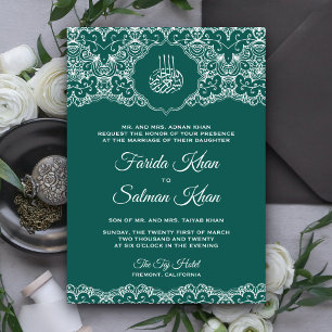 Invitación Boda musulmana islámica de encaje verde azulado y 