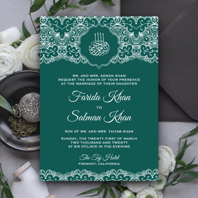 Invitación Boda musulmana islámica de encaje verde azulado y  (Subido por el creador)